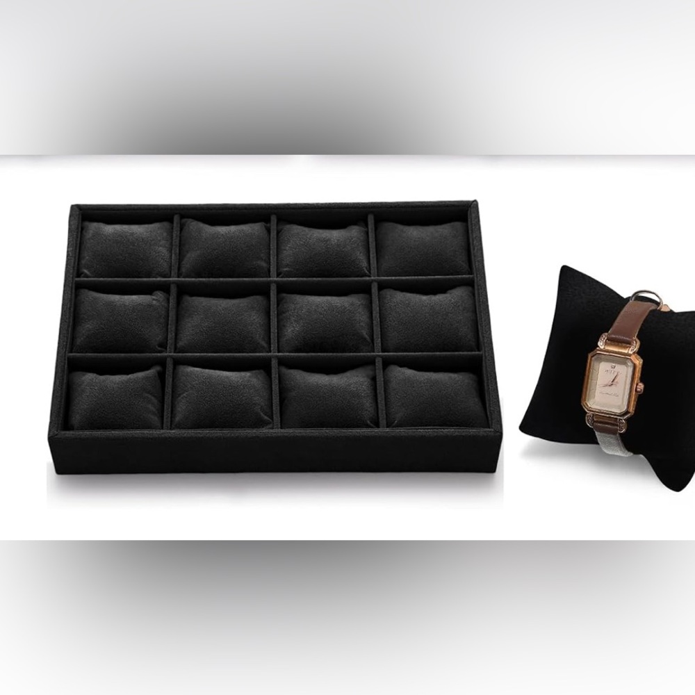 12 Slots Grid Velvet Watch Tray Organizer Black